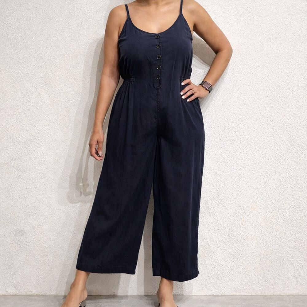 Thread & Supply Navy Button Front Jumpsuit Cropped Wide Leg Sz M